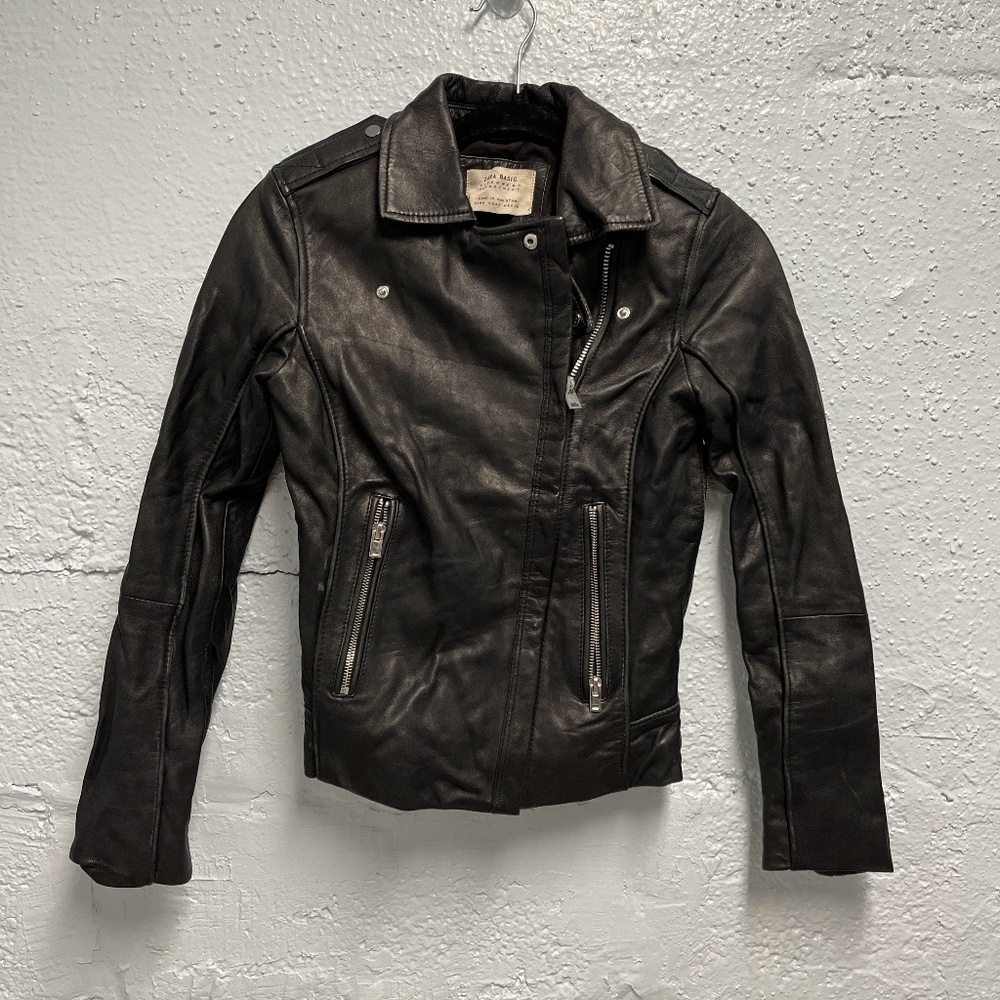 Zara Authentic Black leather biker jacket